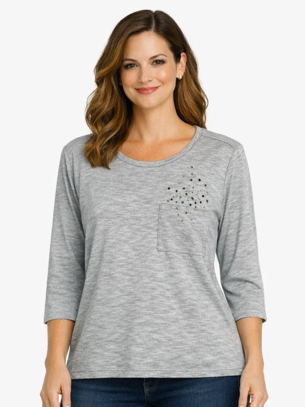 Quacker Factory Heather Gray Rhinestone Pocket Tee  L   Casual Sparkle Chic